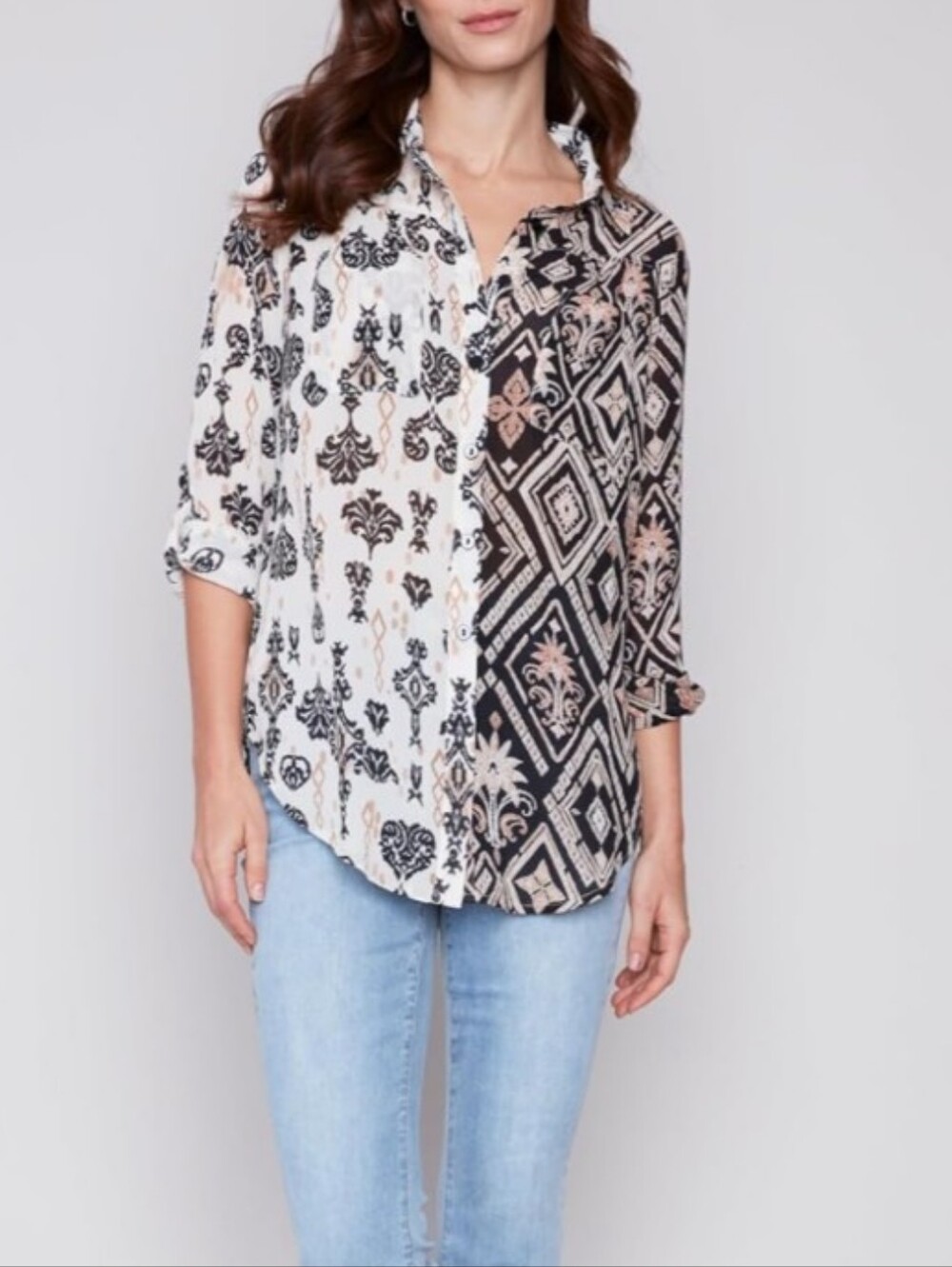 Charlie B Georgette Crinkle Blouse Womens Size Large Black Cream Buttoned Shirt